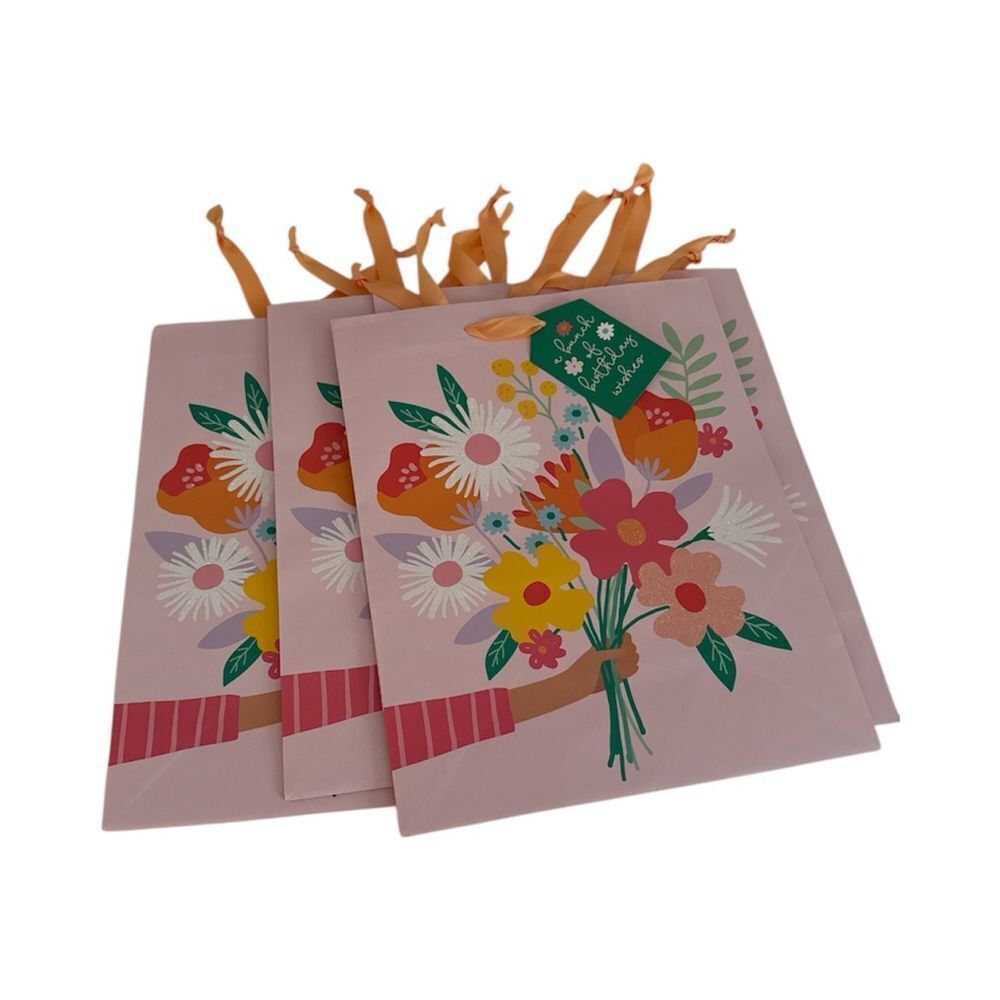 Spirit Pink Floral Gift Bags with Orange Handles NWT